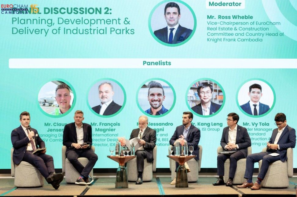 Alessandro Bisagni with fellow panelists at EuroCham Industrial Park Forum 2026 — sustainable industrial parks Cambodia