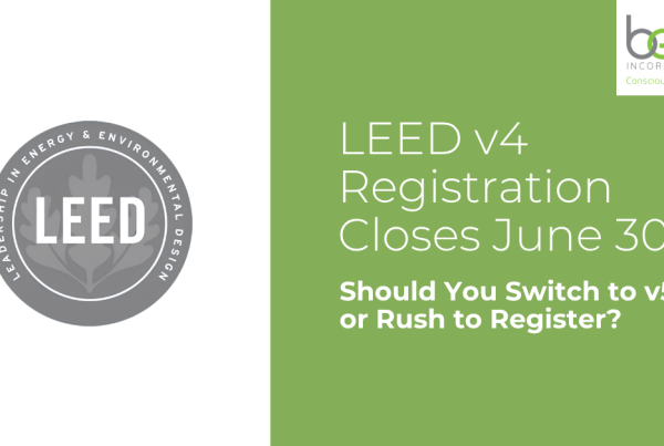 LEED certification badge with BEE branded LEED v4 vs LEED v5 registration deadline messaging on a green and white split graphic