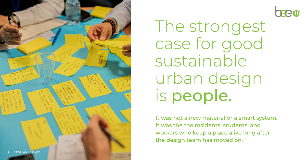Quote graphic reading the strongest case for good sustainable urban design is people, beside a participatory design workshop