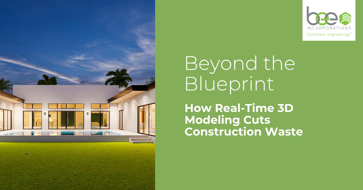 Beyond the Blueprint title header with a modern home at dusk and a real-time 3D modeling construction waste headline